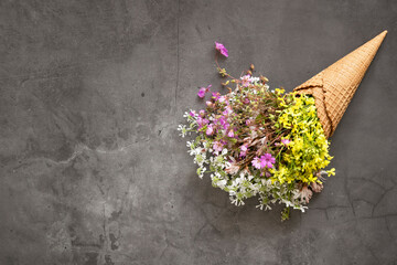 Waffle ice cream cone filled with fresh blossom wild flowers