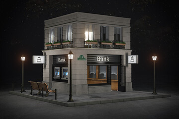 Bank branch office building at night.