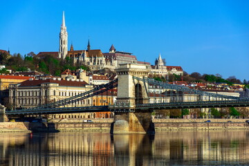 Hungary, spring cityscape of Budapest, Chain Bridge on the background of the Fisherman's Bastion