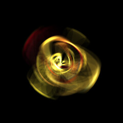 Spinning rays of light isolated on black background. Graphic 2D illustration of glowing colorful light particles in circular motion.