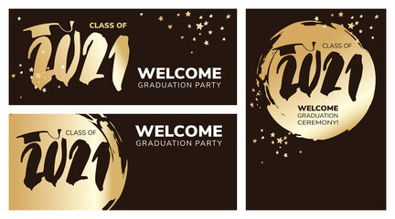 Graduate 2021. Vector illustration, card, invitation with gold confetti and calligraphic title.	