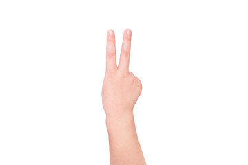 child's hand shows gesture two on a white