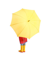 Cute little boy with umbrella on white background, back view