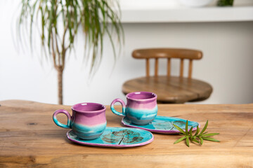 Two cups of turkish arabic coffee with handmade ceramic coffee cups