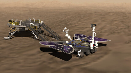  Artist depiction of the Tianwen-1 Mars mission from China. The lander on the surface of Mars. The rover driven off the lander (3d illustration). Some elements provided by NASA. © Raymond