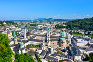 Beautiful panoramic view in summer season of cityscape at historic city of Salzburg with iconic Salzburg Cathedral