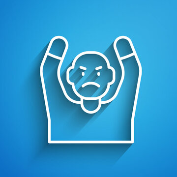 White line Thief surrendering hands up icon isolated on blue background. Man surrendering with both hands raised in air. Long shadow. Vector
