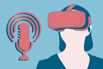 VR PODCAST concept vector illustration. Woman using VR glasses, podcast icon. VR experience.