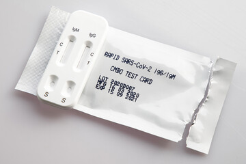 Rapid sars-cov-2 blood test for self testing. A kit of fast covid 19, coronavirus test for personal use at home. 