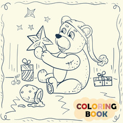 Coloring Book for small children contour illustration in the style of doodle Teddy bear toy holding a star in its paws sitting among the gifts