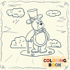 Coloring Book for Young Children Contour illustration in doodle style Teddy bear toy gentleman with a celindre hat and cane