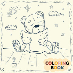 Coloring Book for Young Children Contour Illustration in Doodle style Teddy Bear toy hugs pillow on starry sky background