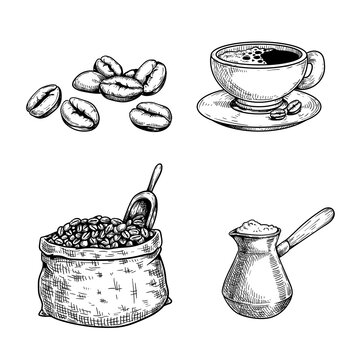 Sketch coffee set. Coffee beans and bag with spoon, cup of coffee, turkish coffee maker cezve. Hand drawn illustrations. Isolated on white background.