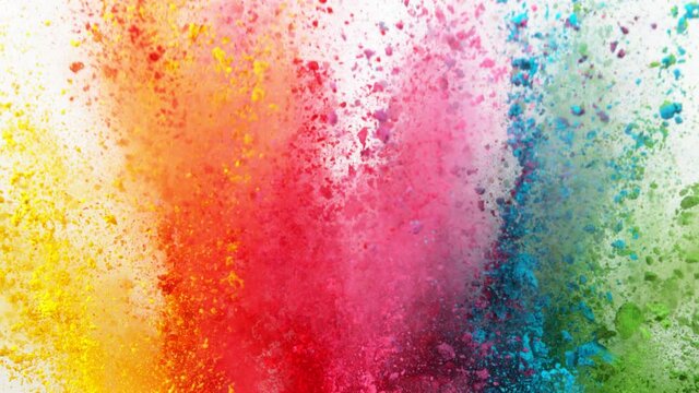 Super slow motion of colored powder explosion isolated on white background. Filmed on high speed cinema camera, 1000fps.