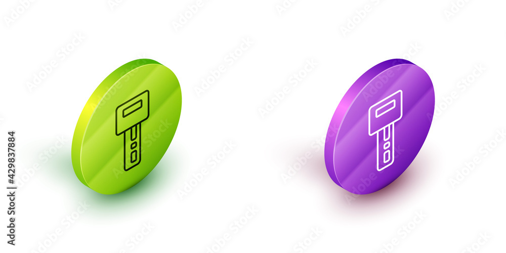 Poster isometric line car key with remote icon isolated on white background. car key and alarm system. gree