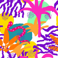Green and Orange Palm and Snake Children Vector Seamless Pattern. Motley Exotic Leaves and Doodles Background. Asian Cover.