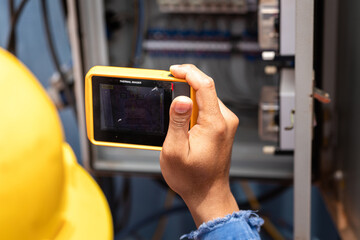 An electrician using thermal imager camera device to scanning heat and temperture profile of...