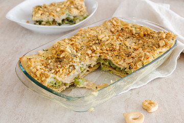 Vegan lasagne with broccoli and zucchini. Vegan recipe