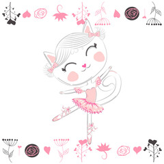 Obraz premium Cute dancing cat ballerina in tutu. Cartoon hand drawn.