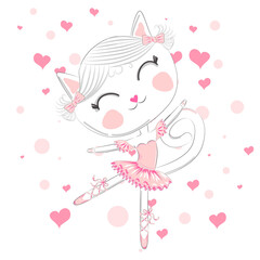 Hand drawn beautiful, lovely, little ballerina with cat.