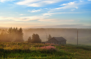 Fototapeta na wymiar foggy morning in a rural landscape. wooden village houses in fog and sunbeams