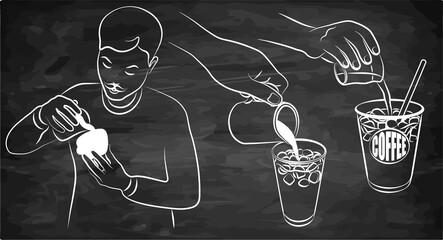 Outline drawing set of barista making a coffee isolated on chalkboard. Line art cup of iced latte, milk, espresso pouring, sketch man making a drink. Cafe label, menu, blackboard. Vector illustration. - 429840275