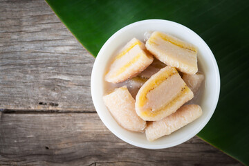 Banana in coconut milk. Asian tradition culture dessert. Fruit dessert.