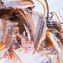 .Embossed pasty oil paints and reliefs. Primary colors: brown, white, pink, orange. Abstract art. Mix of paints.