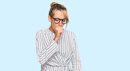 Beautiful blonde woman wearing business shirt and glasses feeling unwell and coughing as symptom for cold or bronchitis. health care concept.