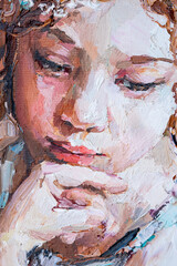 Fragment of a portrait of a young, dreamy girl with flowers in curly brown hair. The oil painting is created in oil with expressive strokes.