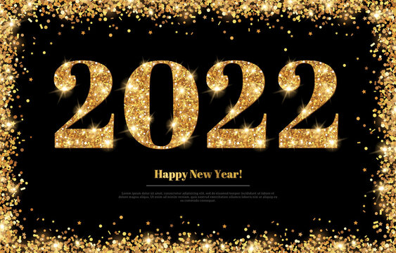 Happy New Year 2022 Greeting Card with Gold Numbers and Confetti Frame on Black Background. Vector Illustration. Merry Christmas Flyer or Poster Design