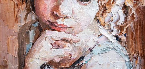 Fragment of a portrait of a young, dreamy girl . The oil painting is created in oil with expressive strokes.