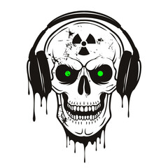 Vector grunge human skull with headphones and radiation sign