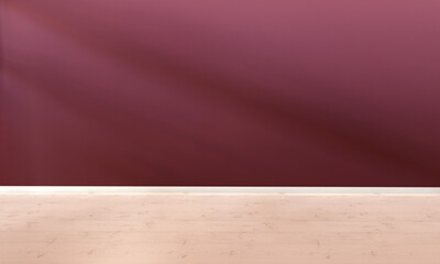 3D rendering of empty room for advertisement. Wooden floor and burgundy red wall.