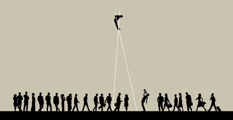 A businessman on stilts stands high above a group of employees, one of which is communicating with a megaphone in this illustration about upper management. - obrazy, fototapety, plakaty