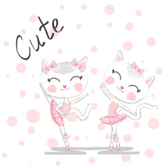 Cute dancing cat in a pink dress on blue background. Ballerina love dancing.