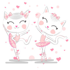 Obraz na płótnie Canvas Happy cat girl in ballet costume dance on a piano on polka dot background illustration vector.
