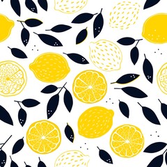 Tropical seamless pattern with yellow lemons and lemon slices. Hand drawn lemons pattern on white background. Fruit repeated background. Vector bright print for fabric, wallpaper, design, party paper. - obrazy, fototapety, plakaty