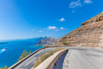 Greece Santorini island in Cyclades,Panoramic view of road above sea in caldera