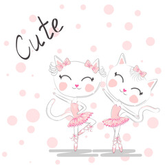 Cute dancing cat in a pink dress on blue background. Ballerina love dancing.