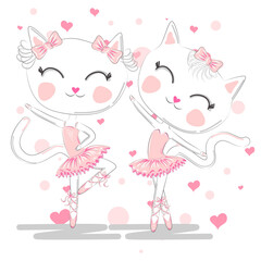 Happy cat girl in ballet costume dance on a piano on polka dot background illustration vector.