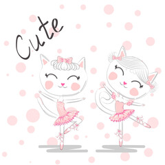 Cute dancing cat in a pink dress on blue background. Ballerina love dancing.
