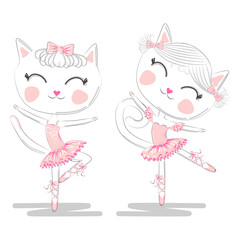 A pair of cute white ballerina cats in pink ballet tutu and pointe