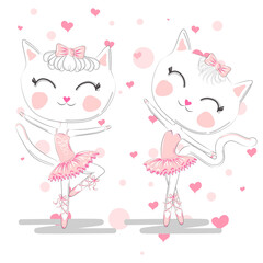 Happy cat girl in ballet costume dance on a piano on polka dot background illustration vector.