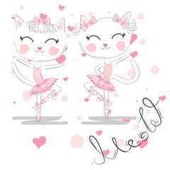 cute white cartoon cat in ballet tutu, kitty girl in a pink skirt