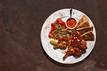 Roast whole turkey or chicken in plate with roasted oranges on dark rustic background, top view
