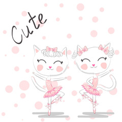 Cute dancing cat in a pink dress on blue background. Ballerina love dancing.