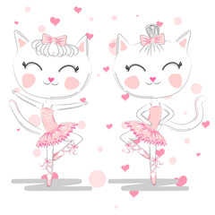 Happy cat girl in ballet costume dance on a piano on polka dot background illustration vector.