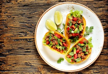 Mexican tacos with roast minced meat with corn and black beans, onions, fresh tomatoes, paprika and cilantro are flavored with guacamole sauce. top view.