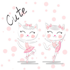 Cute dancing cat in a pink dress on blue background. Ballerina love dancing.